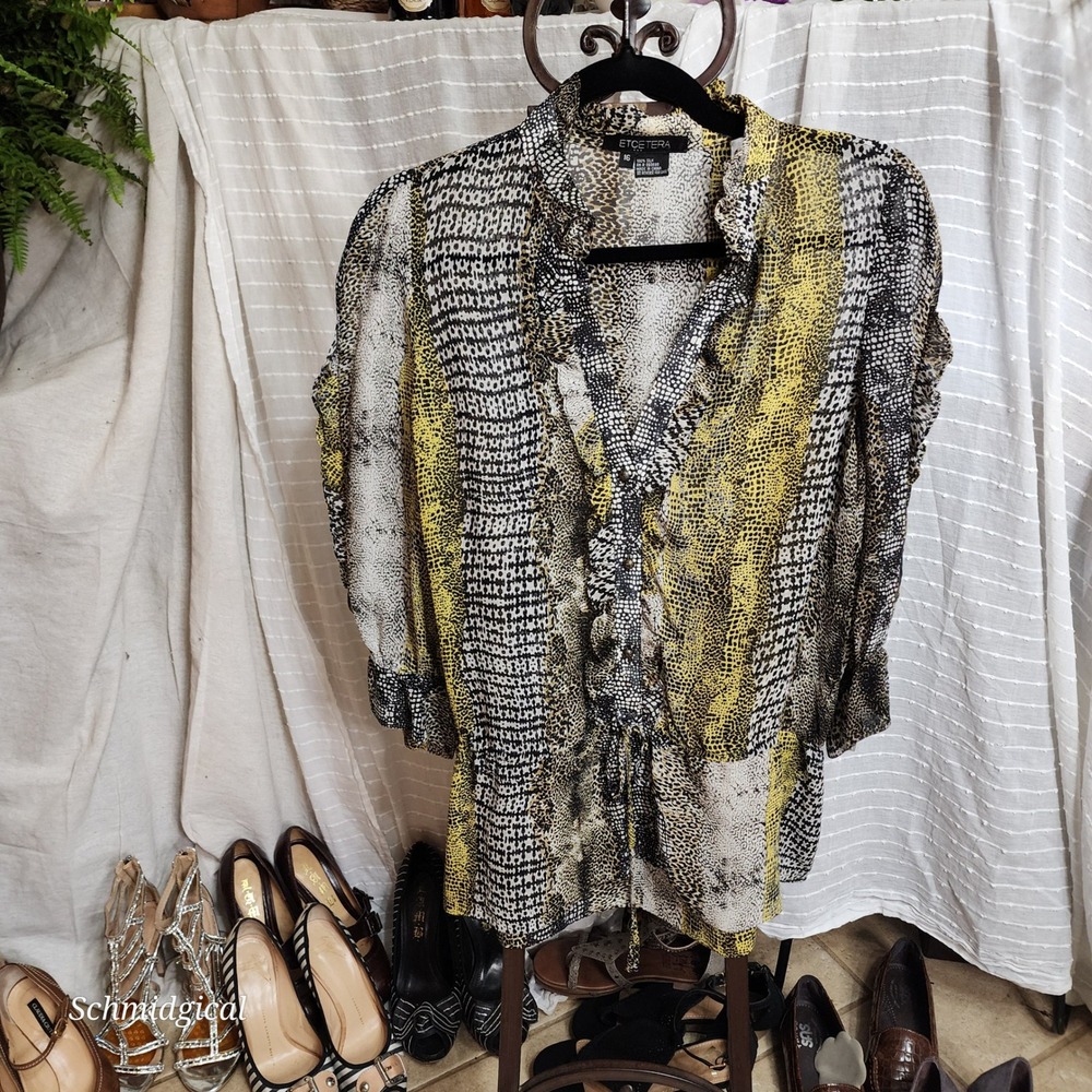 Etcetera Womens Silk Animal Print Ruffle Blouse Yellow Black Sheer Size 16
